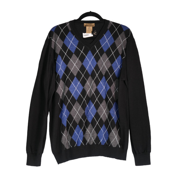 Mario Gilberti Sweater Mens Large Black Blue Argyle 100% Merino Wool Italy - Picture 1 of 6